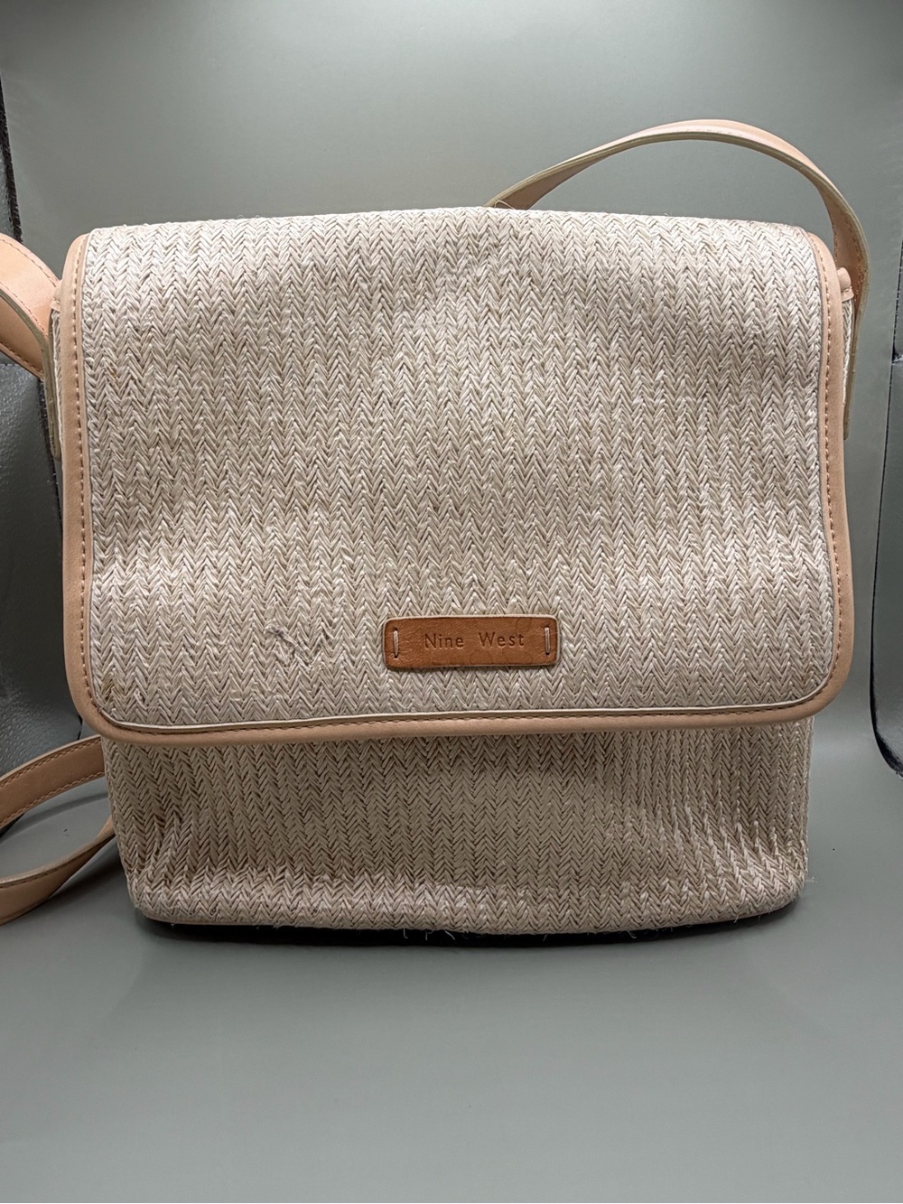 Nine West Straw Woven Crossbody Shoulder Bag Beige Tan